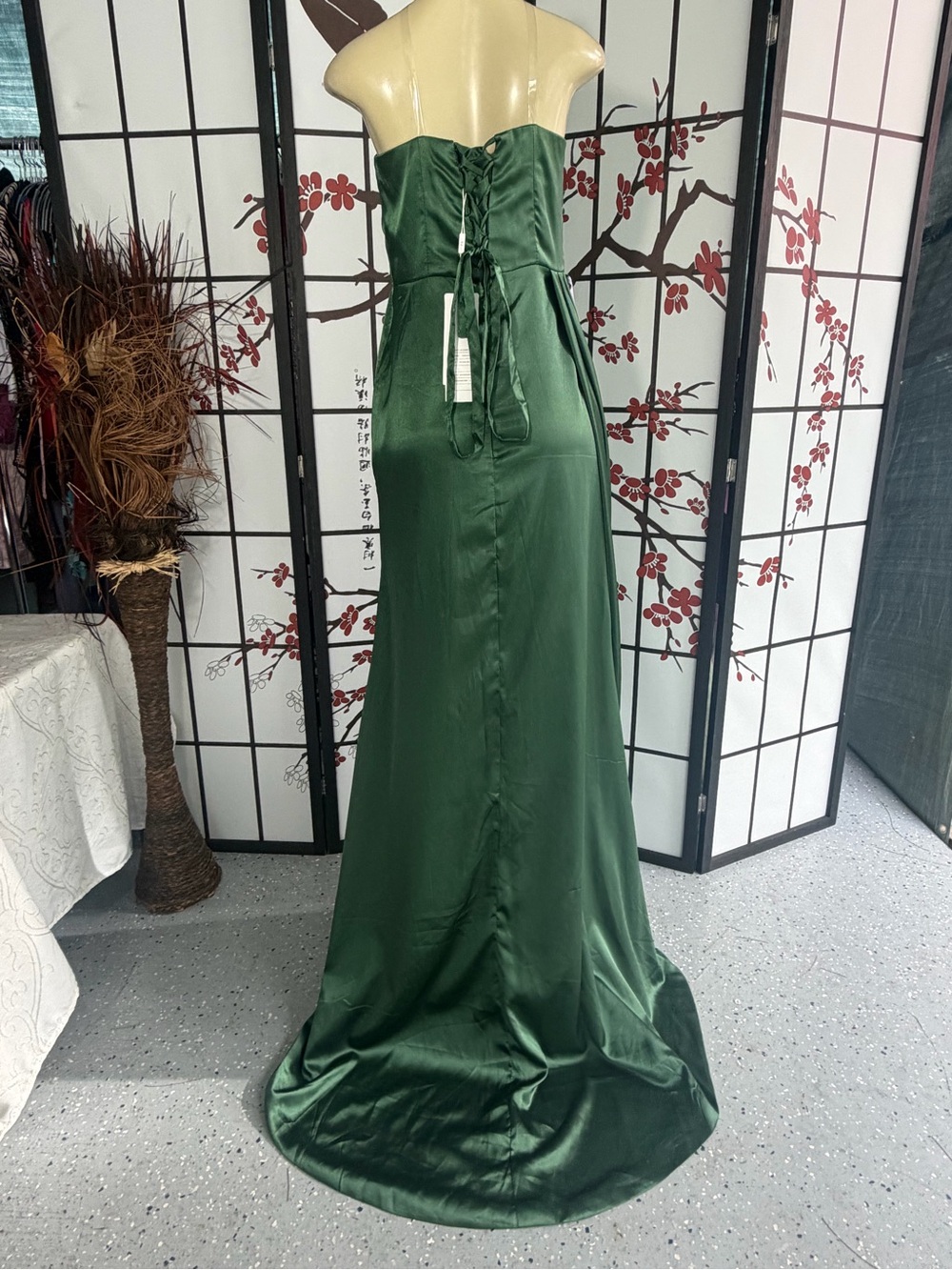 Beaded Emerald Green Satin Prom Gown - Picture 5 of 9